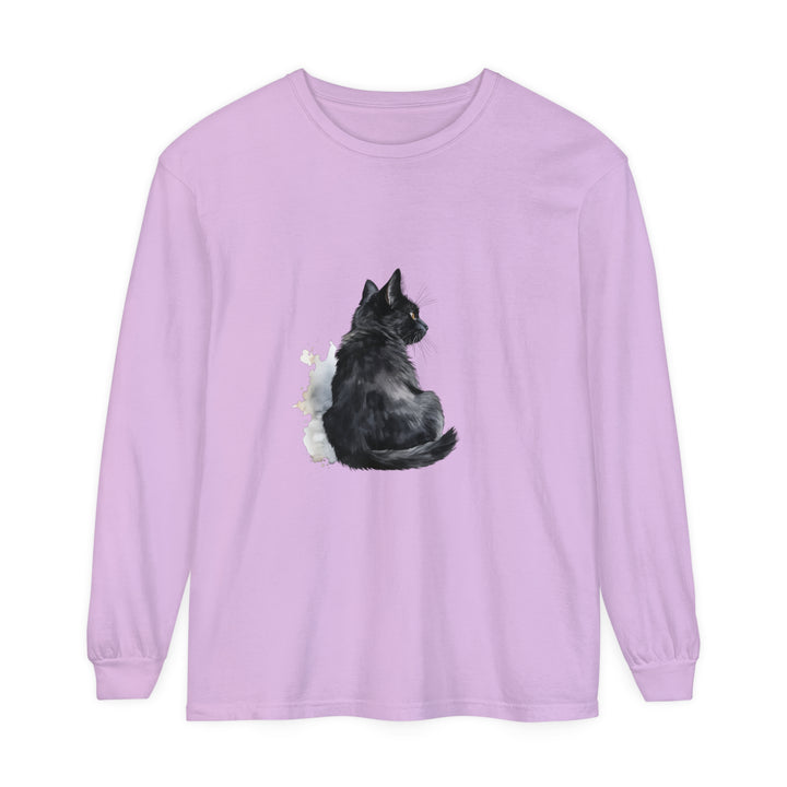 Beautiful watercolor black cat design on a unisex long sleeve t-shirt