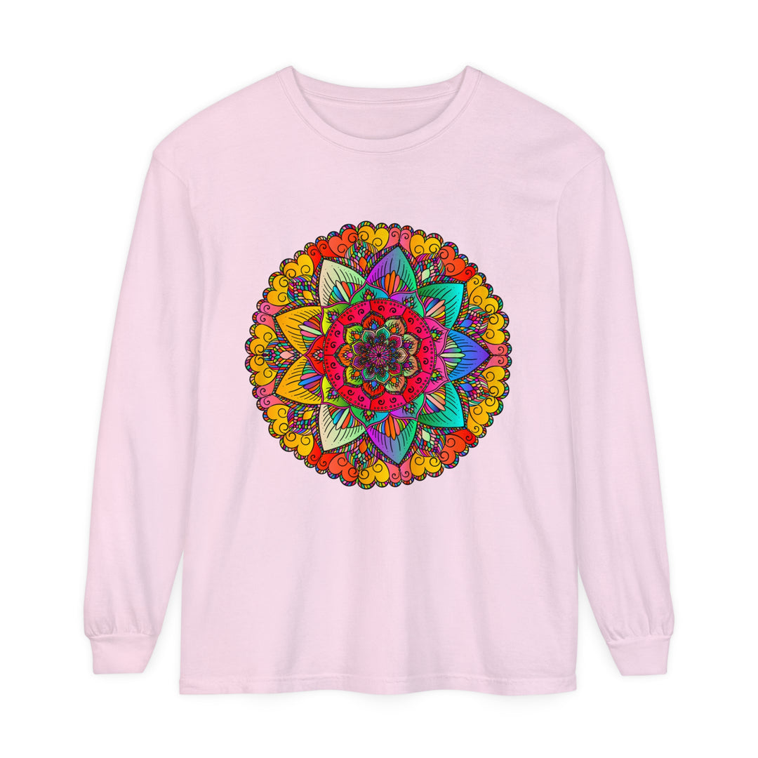 Colorful and intricate mandala design on a unisex long sleeve t-shirt