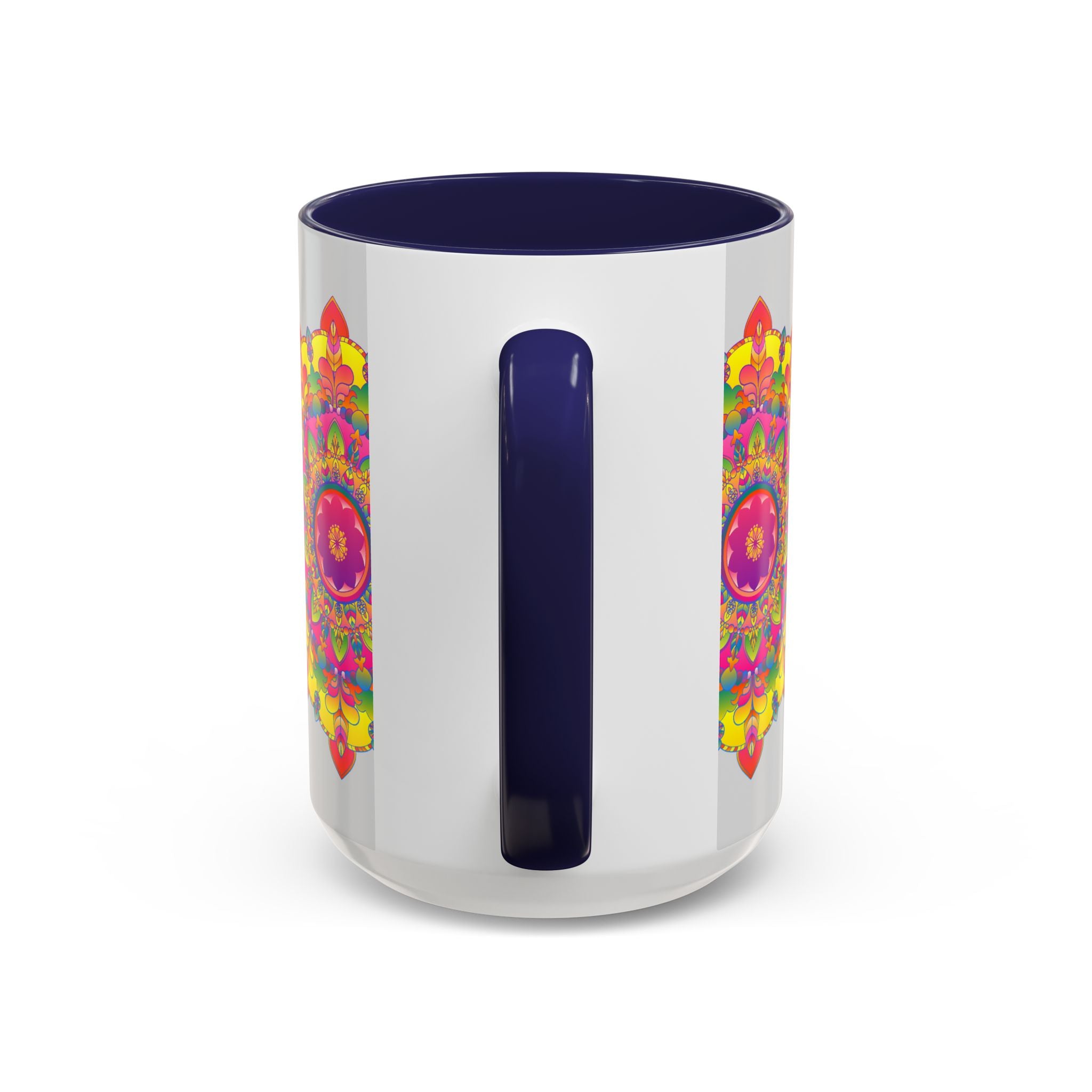 Colorful and detailed Mandala Mug - Vibrant Art on Grey featuring a stunning mandala design