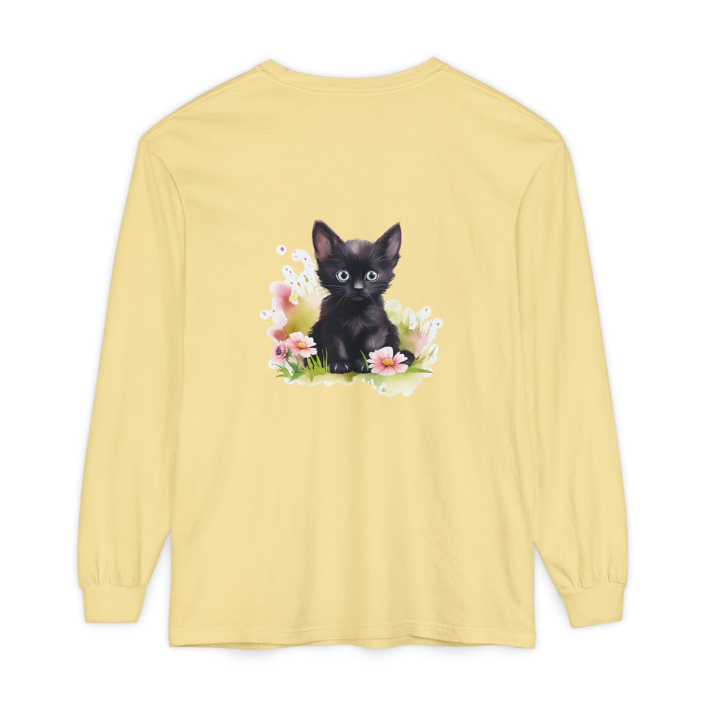 Langarmshirt mit schwarzem Kätzchen und rosa Blumen