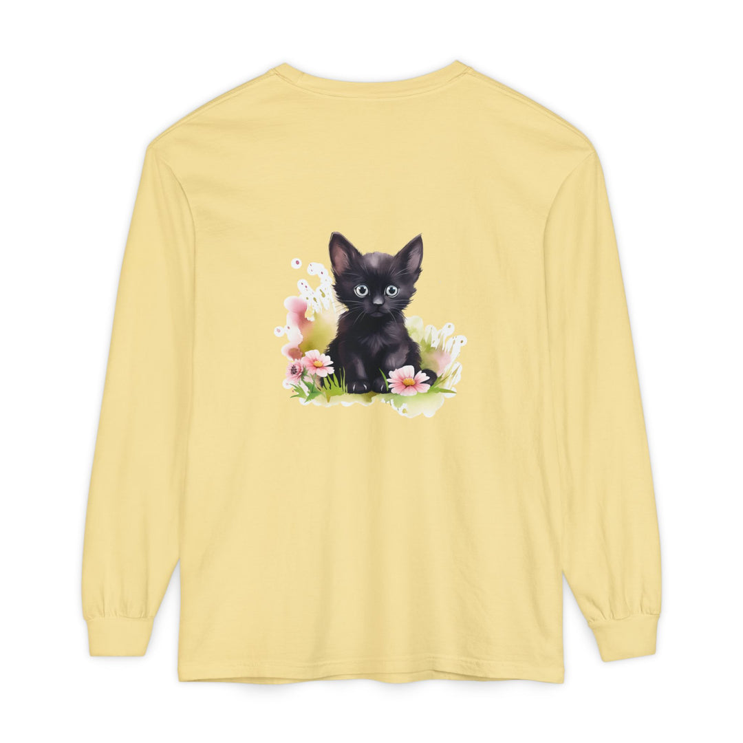 Black Kitten & Pink Flowers Long Sleeve T-Shirt