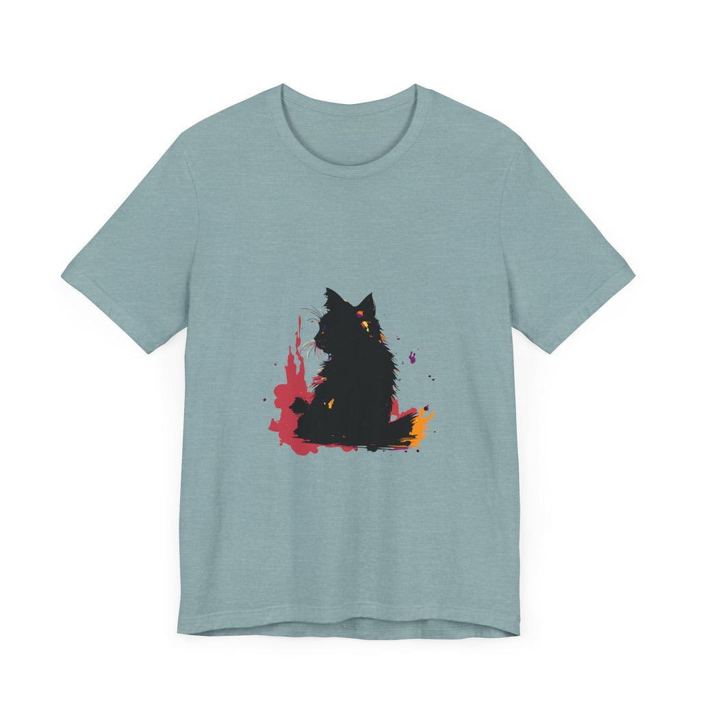 Black Cat Mystery T-Shirt featuring vibrant and abstract colorful splatter art design
