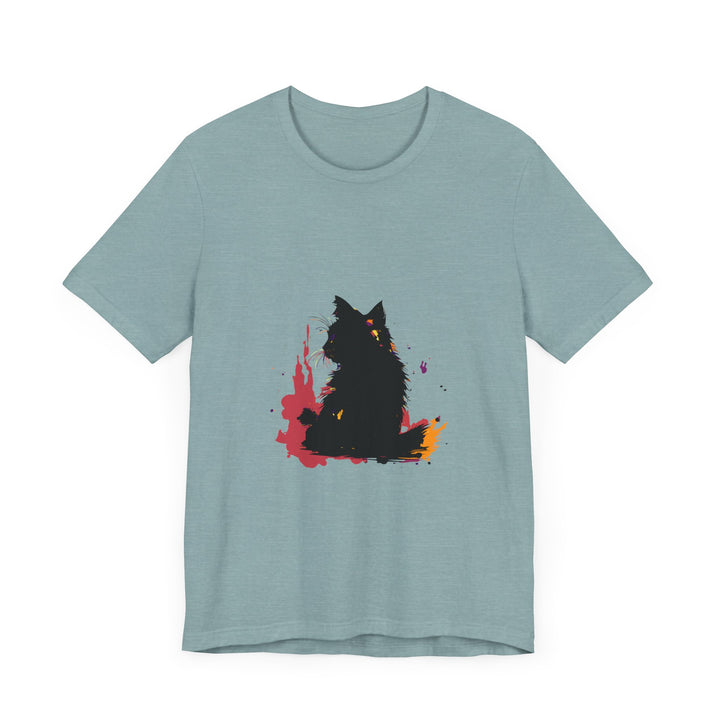 Black Cat Mystery T-Shirt featuring vibrant and abstract colorful splatter art design