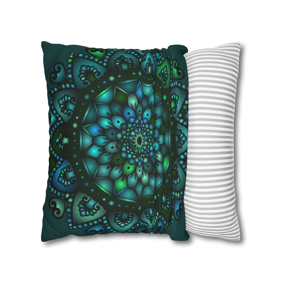 Spun Polyester Square Pillowcase Mandala Art in Petroleum Green