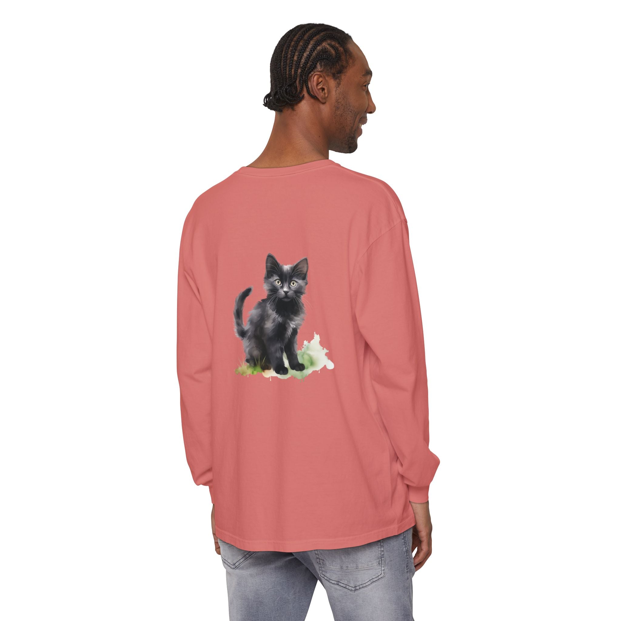 Maglietta a maniche lunghe con gatto nero e acquerello