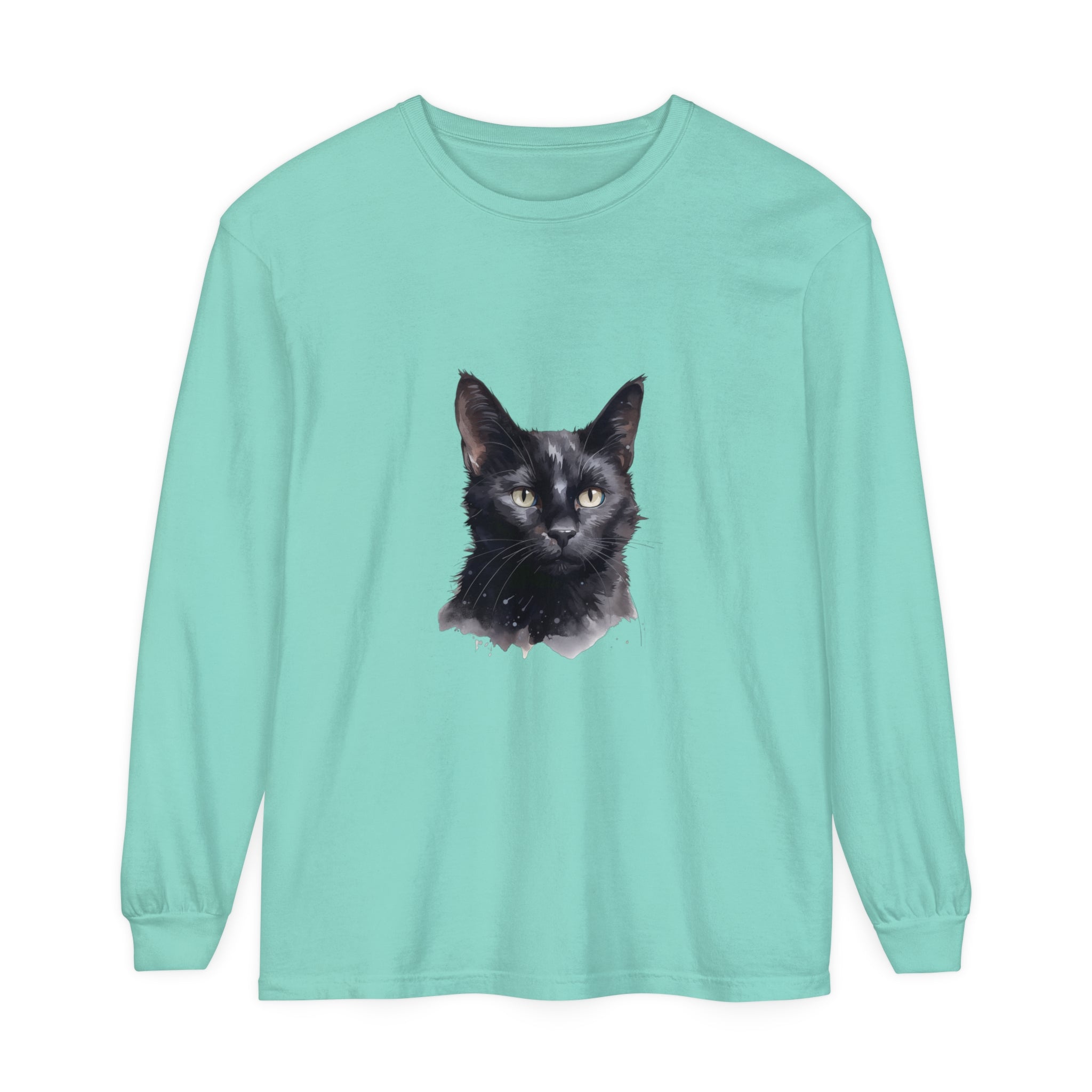 A close-up image of a black cat watercolor design featured on a unisex long sleeve t-shirt