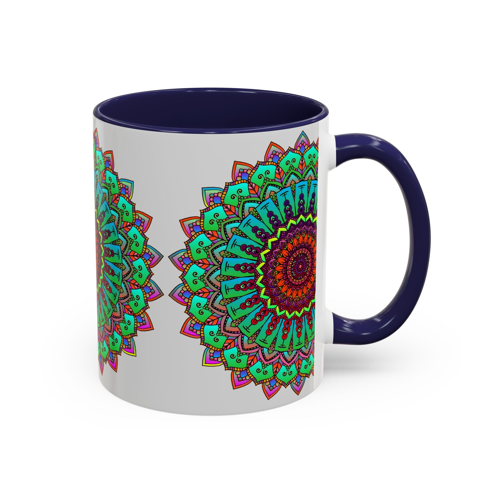 A close-up image of a light grey ceramic mug featuring a colorful mandala art design, perfect for enjoying your favorite hot beverages