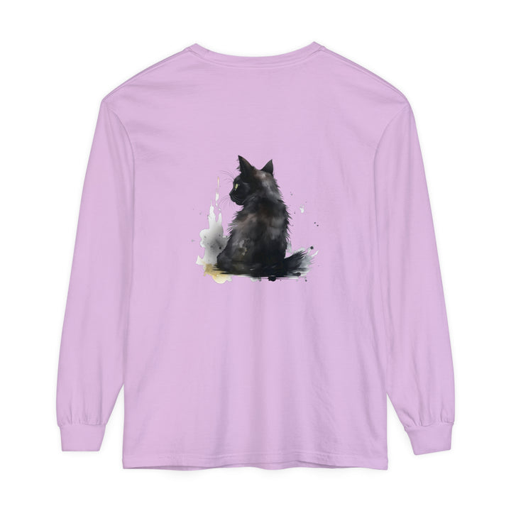 Black Cat Watercolor Dream Long Sleeve T-Shirt featuring a beautifully detailed watercolor design of a black cat on a soft and comfortable long sleeve shirt