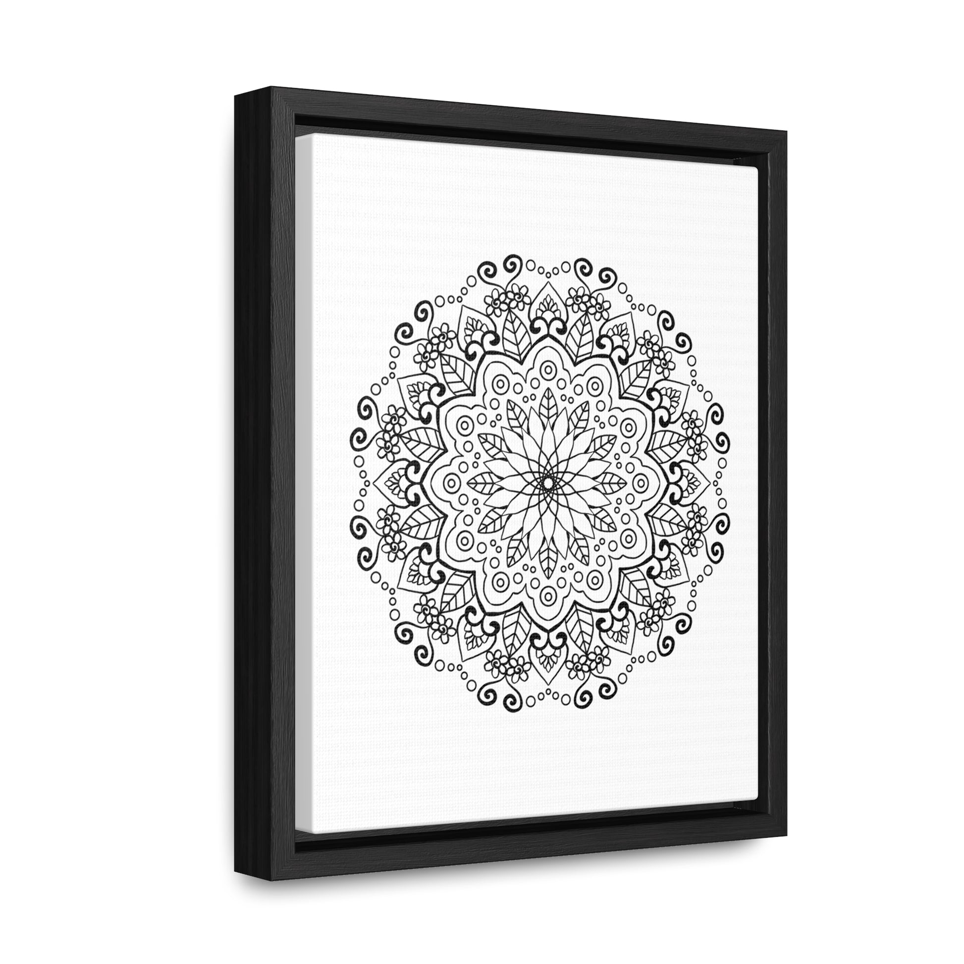 Handmade black and white mandala art on gallery canvas wrap, displayed in a vertical frame