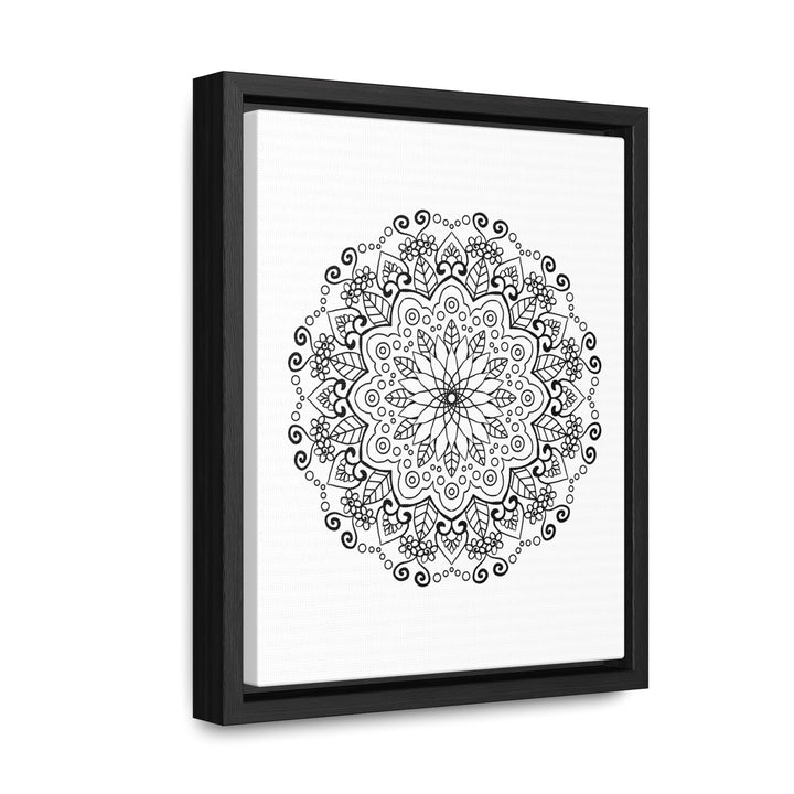 Handmade black and white mandala art on gallery canvas wrap, displayed in a vertical frame