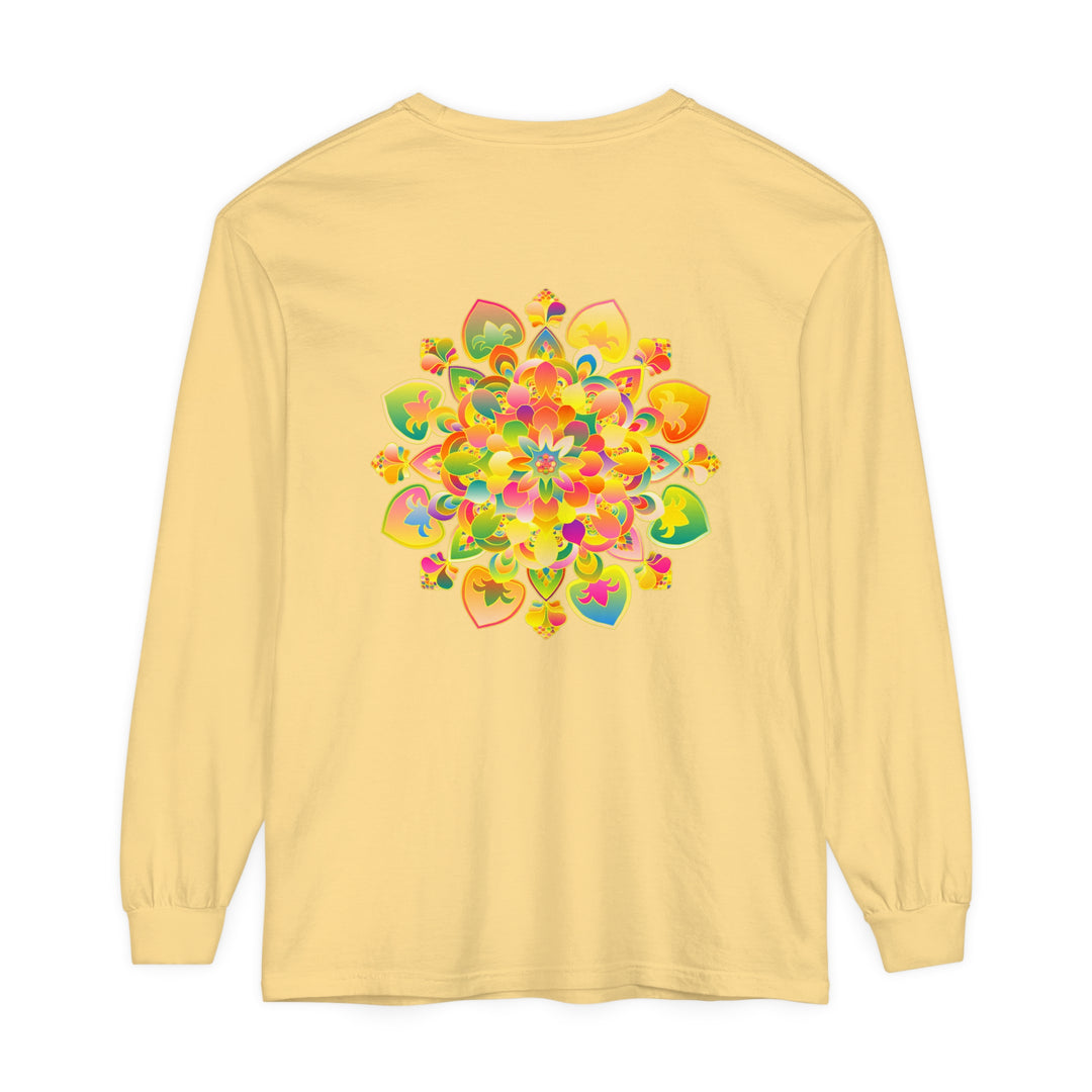 Colorful and intricate psychedelic mandala design on a long sleeve t-shirt