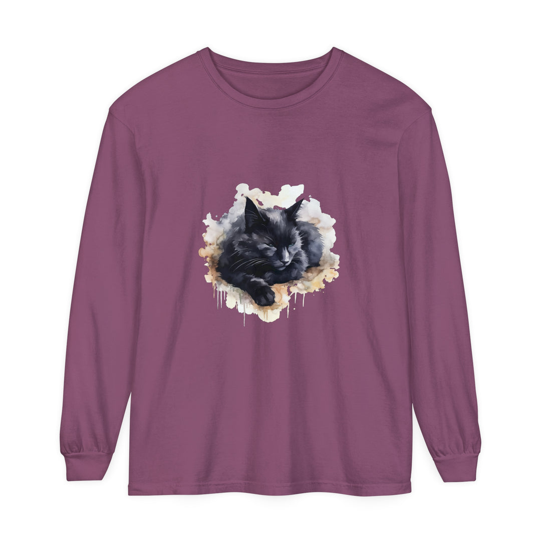 A detailed watercolor illustration of a sleeping black cat on a t-shirt