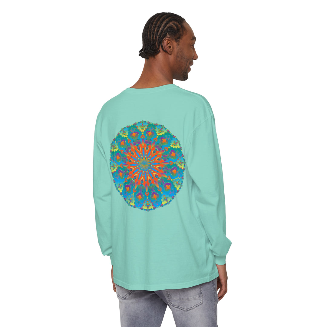 Colorful long sleeve t-shirt with intricate rainbow mandala design