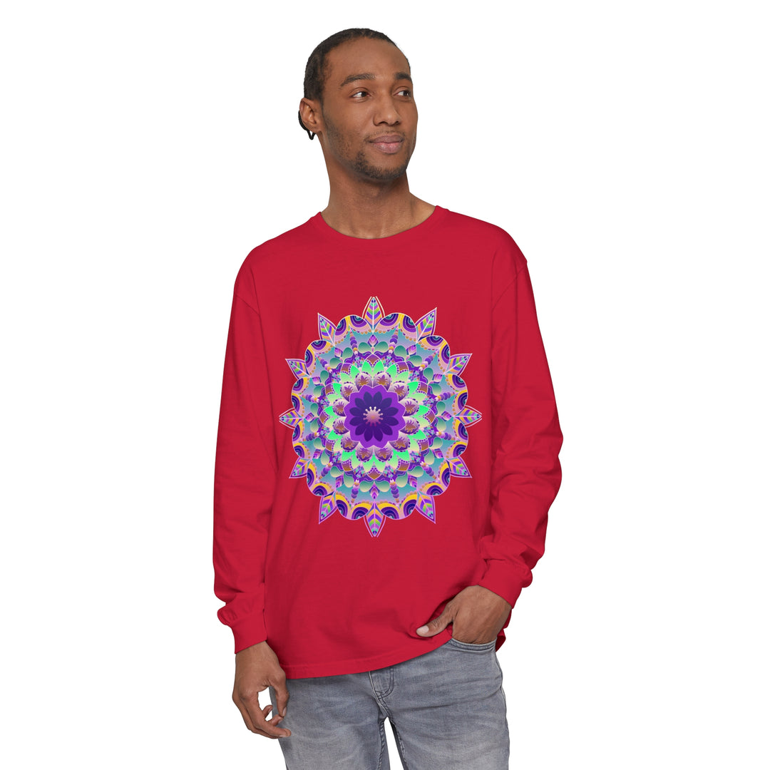 A colorful and intricate psychedelic mandala design on a long sleeve t-shirt