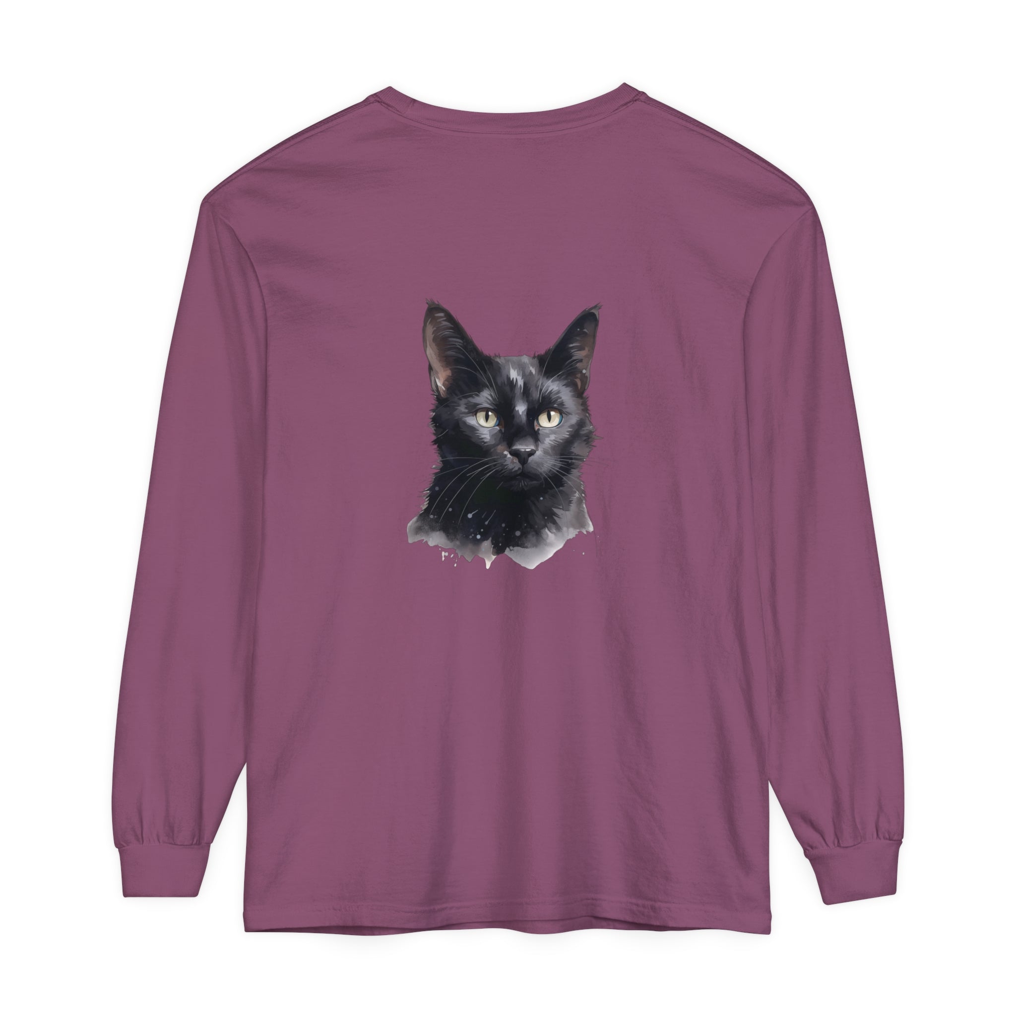 Black Cat Watercolor long sleeve T-shirt in unisex sizing, perfect for casual and artistic wear