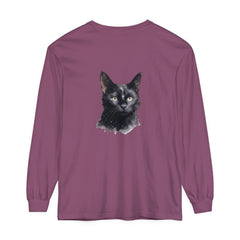 Black Cat Watercolor long sleeve T-shirt in unisex sizing, perfect for casual and artistic wear