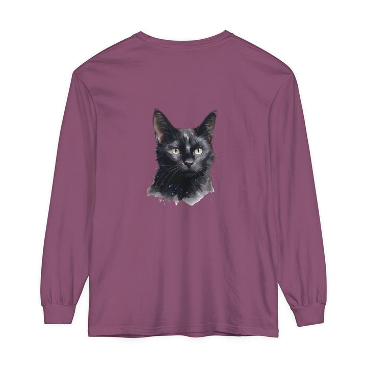 Black Cat Watercolor long sleeve T-shirt in unisex sizing, perfect for casual and artistic wear