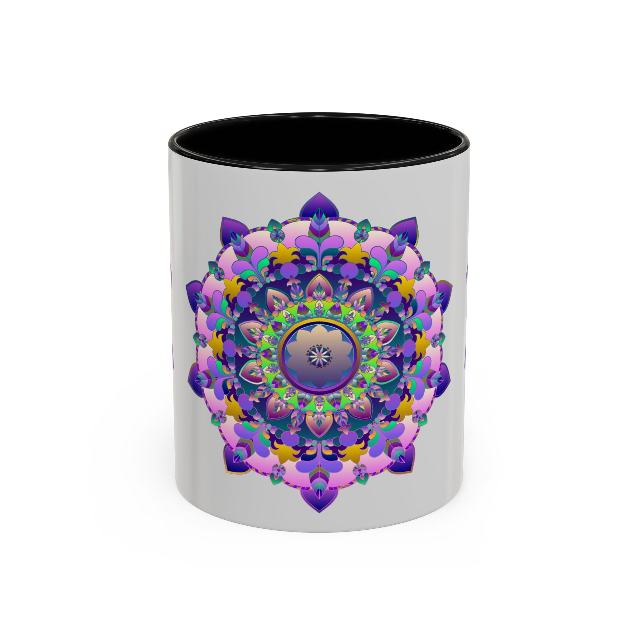 A vibrant and intricately designed mandala art mug featuring a colorful floral pattern