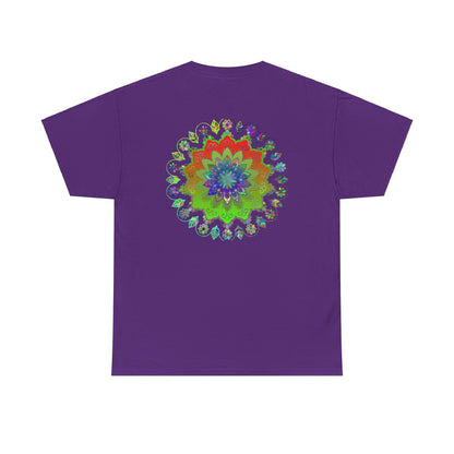 Colorful mandala art design printed on a comfortable unisex heavy cotton t-shirt for yoga and mindfulness practice