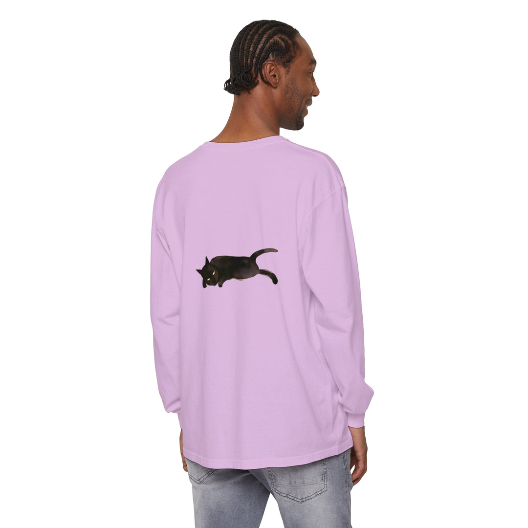 A cozy unisex long sleeve t-shirt featuring a sleeping black cat design