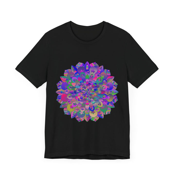 A colorful and intricately designed mandala t-shirt featuring spiritual art