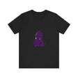 A close-up image of a black cat silhouette against a colorful background on a t-shirt, part of the Black Cat Mystery collection
