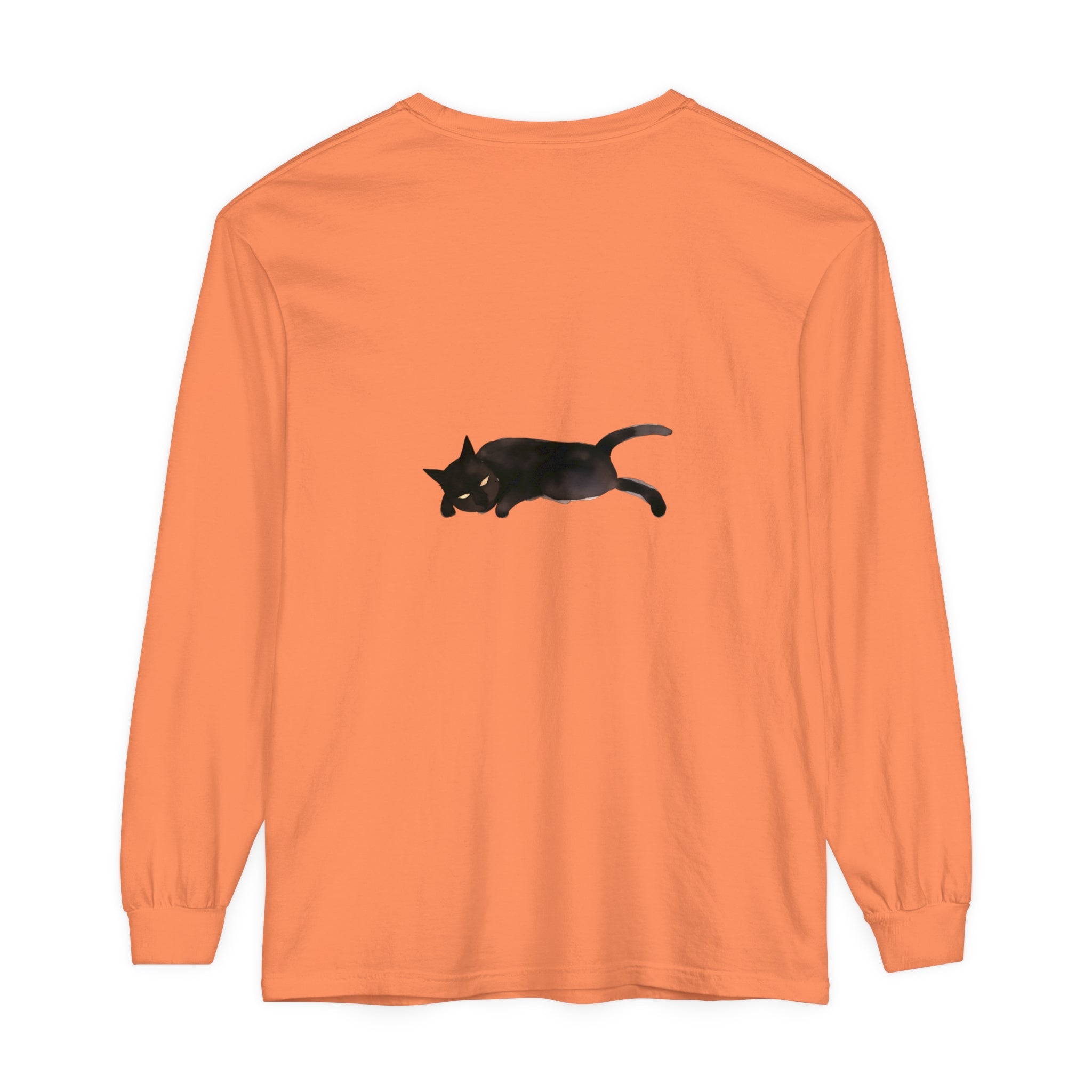 A cozy black long sleeve T-shirt with a sleeping cat design