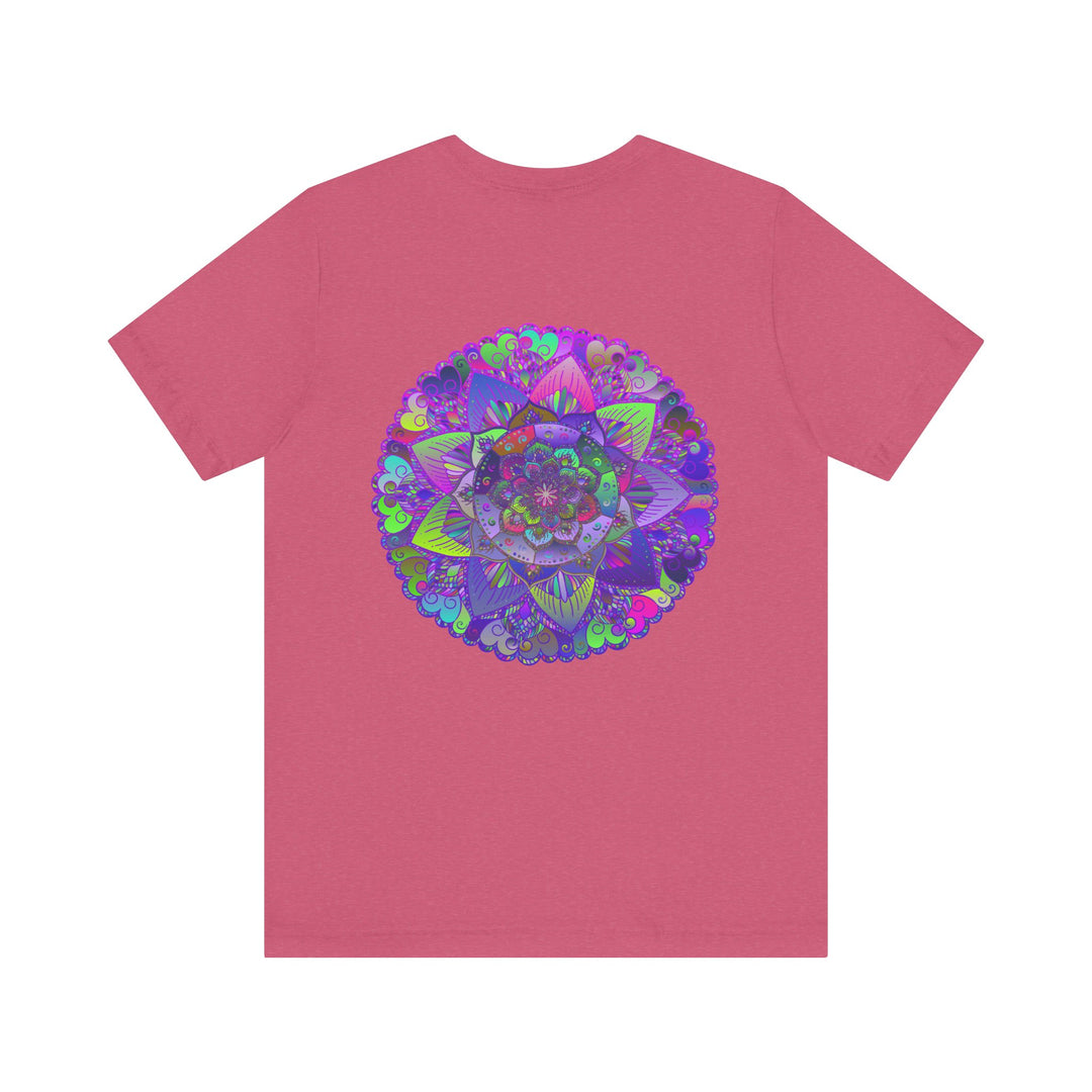 A colorful and intricate mandala tee with spiritual motifs for peace and harmony