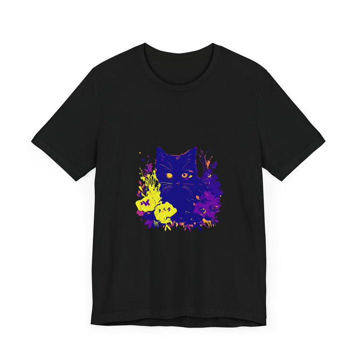 Black Cat Mystery Neon Flower T-Shirt featuring a vibrant neon flower design