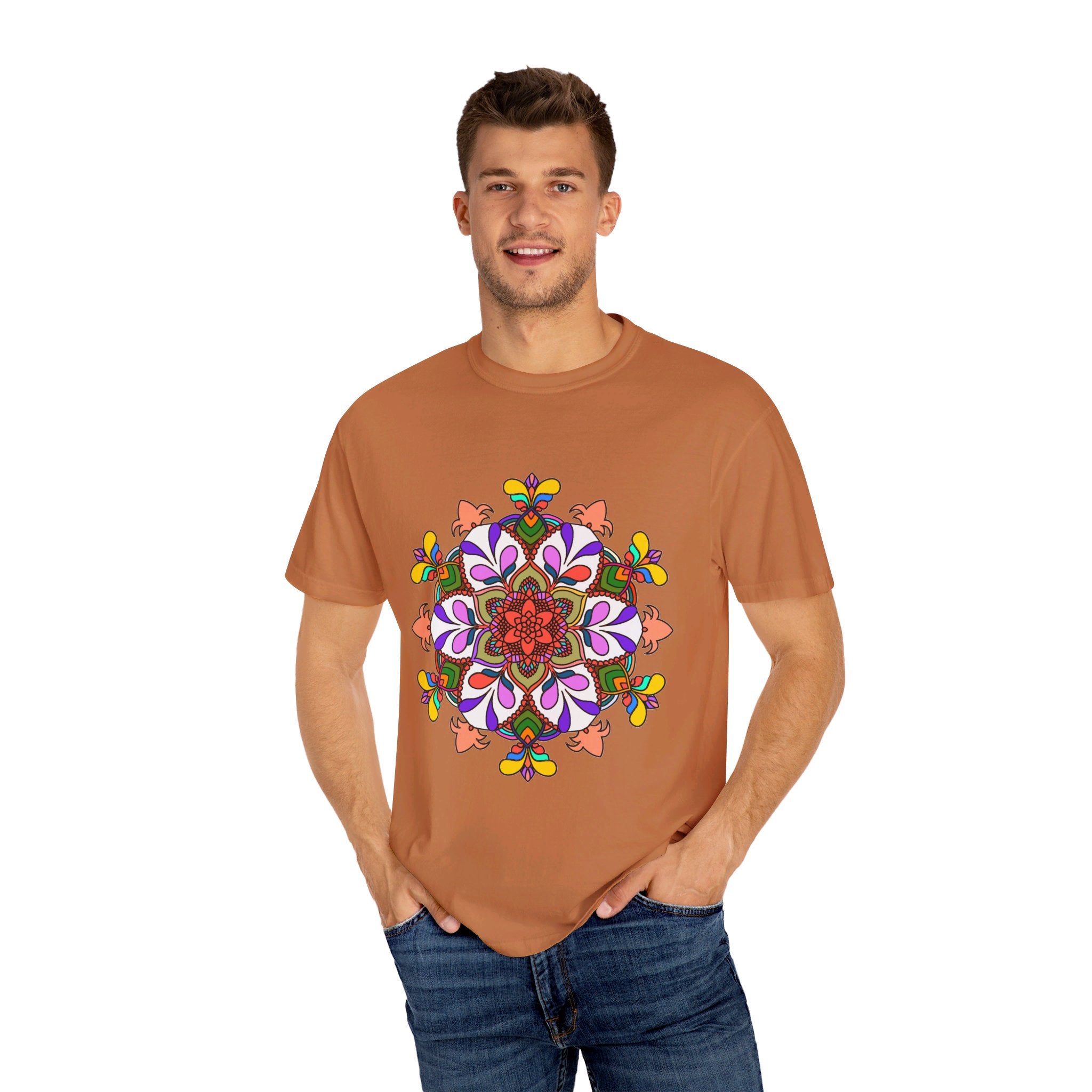 Unisex Mandala T-Shirt featuring intricate, hand-drawn mandala art on 100% ring-spun cotton, garment-dyed for extra comfort