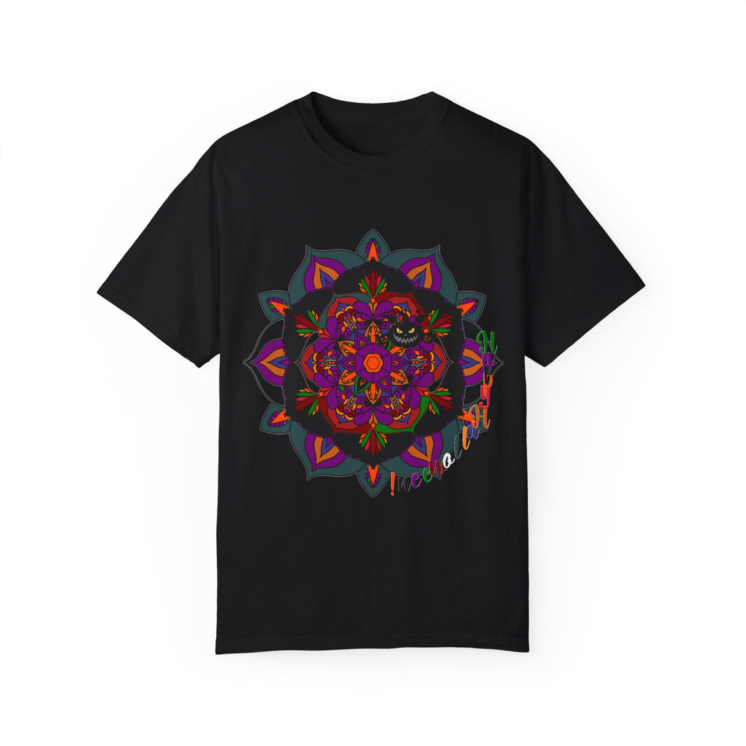 Handmade black Halloween t-shirt featuring a unique mandala design, perfect for both men and women, available in a range of sizes and made with high-quality materials