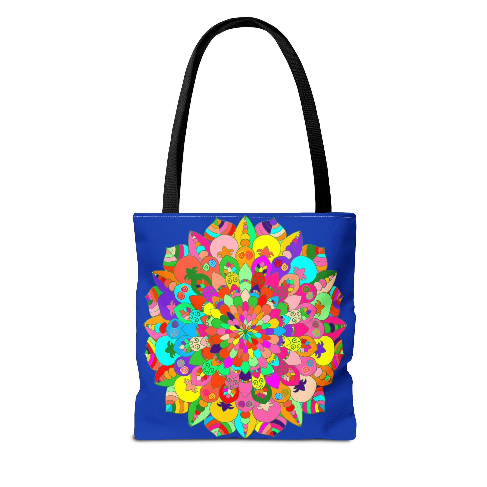 Dark blue tote bag featuring a colorful and intricate mandala art design