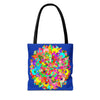 Dark blue tote bag featuring a colorful and intricate mandala art design