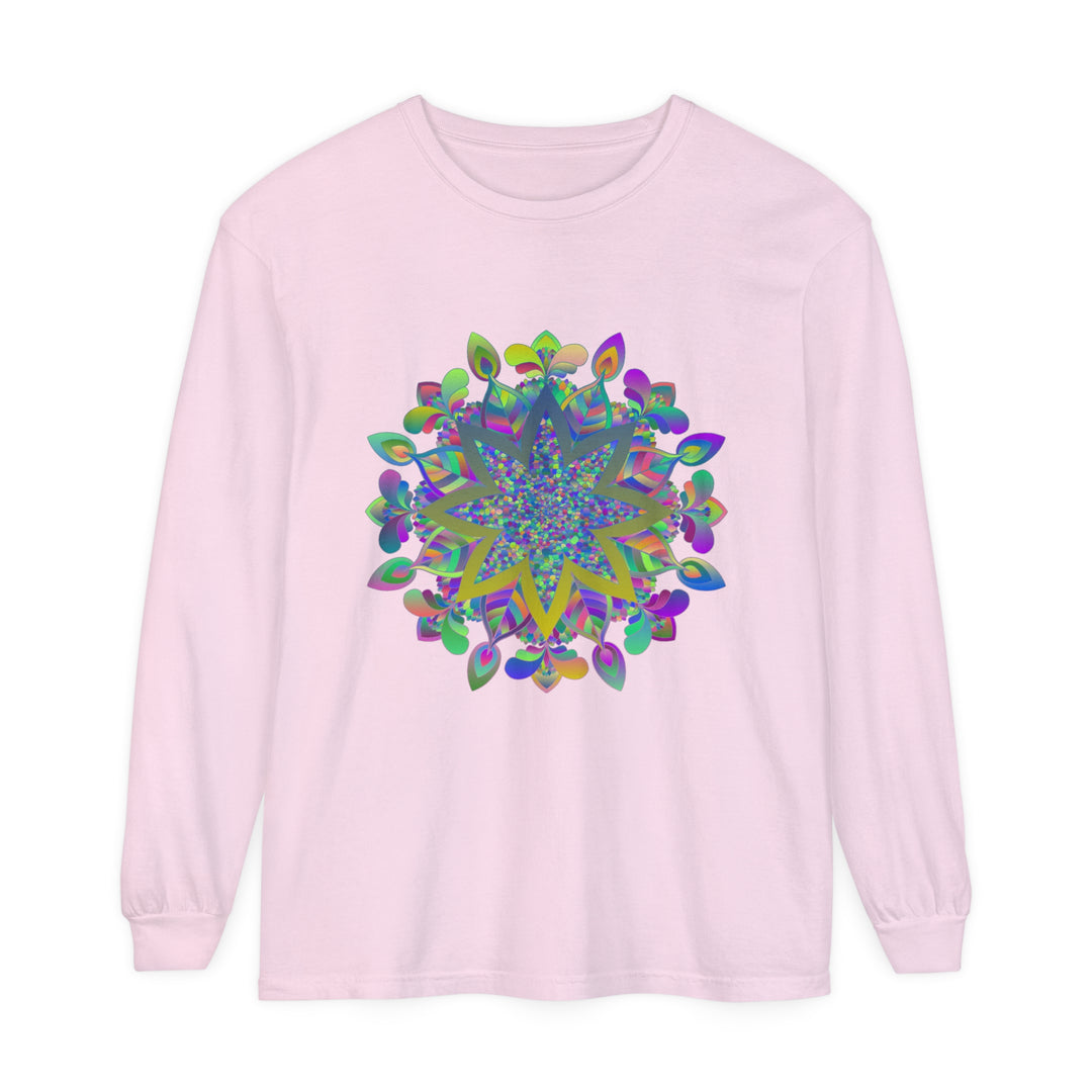 Colorful Mandala Unisex Long Sleeve T-Shirt with intricate design and vibrant colors for men and women