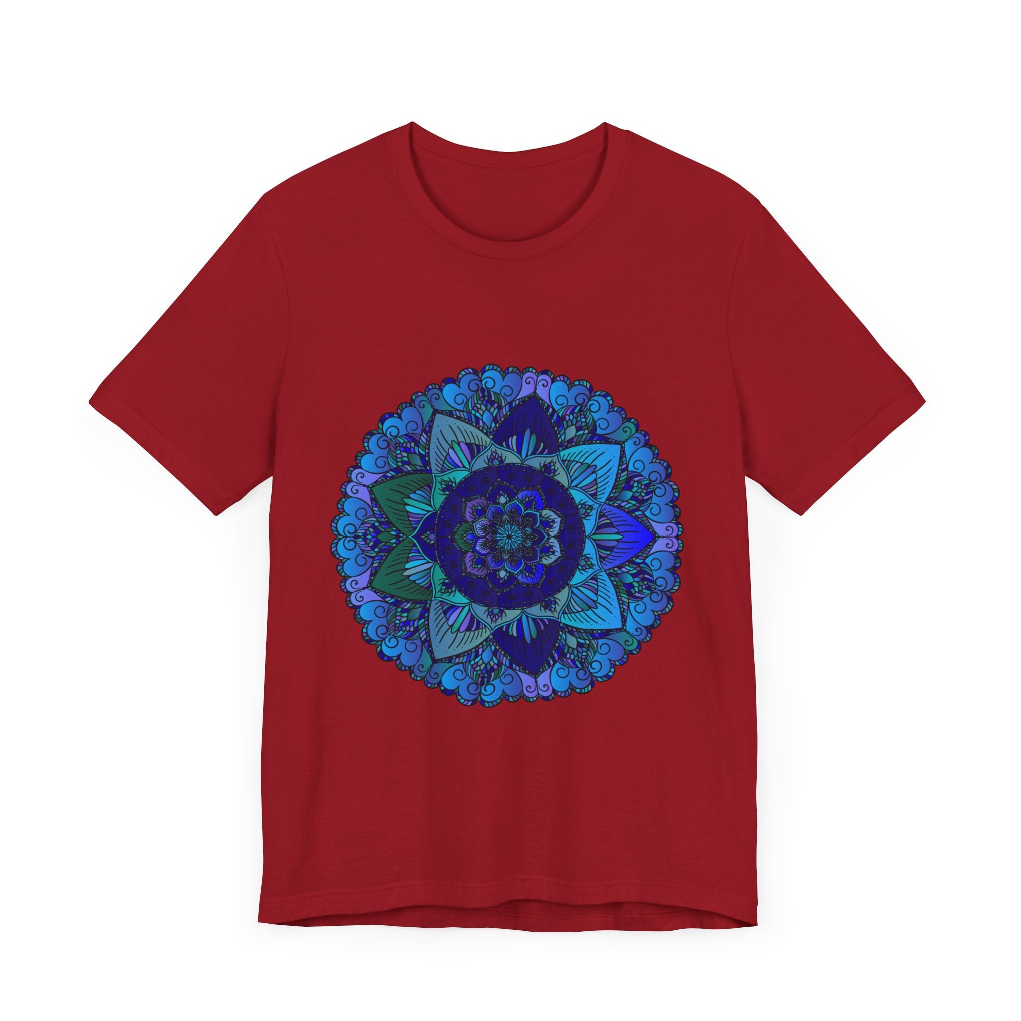 Dark Blue and Green Mandala T-Shirt featuring intricate spiritual art design