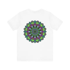 A peaceful, spiritual Mandala Peace Tee with vibrant colors and intricate design representing harmony and balance