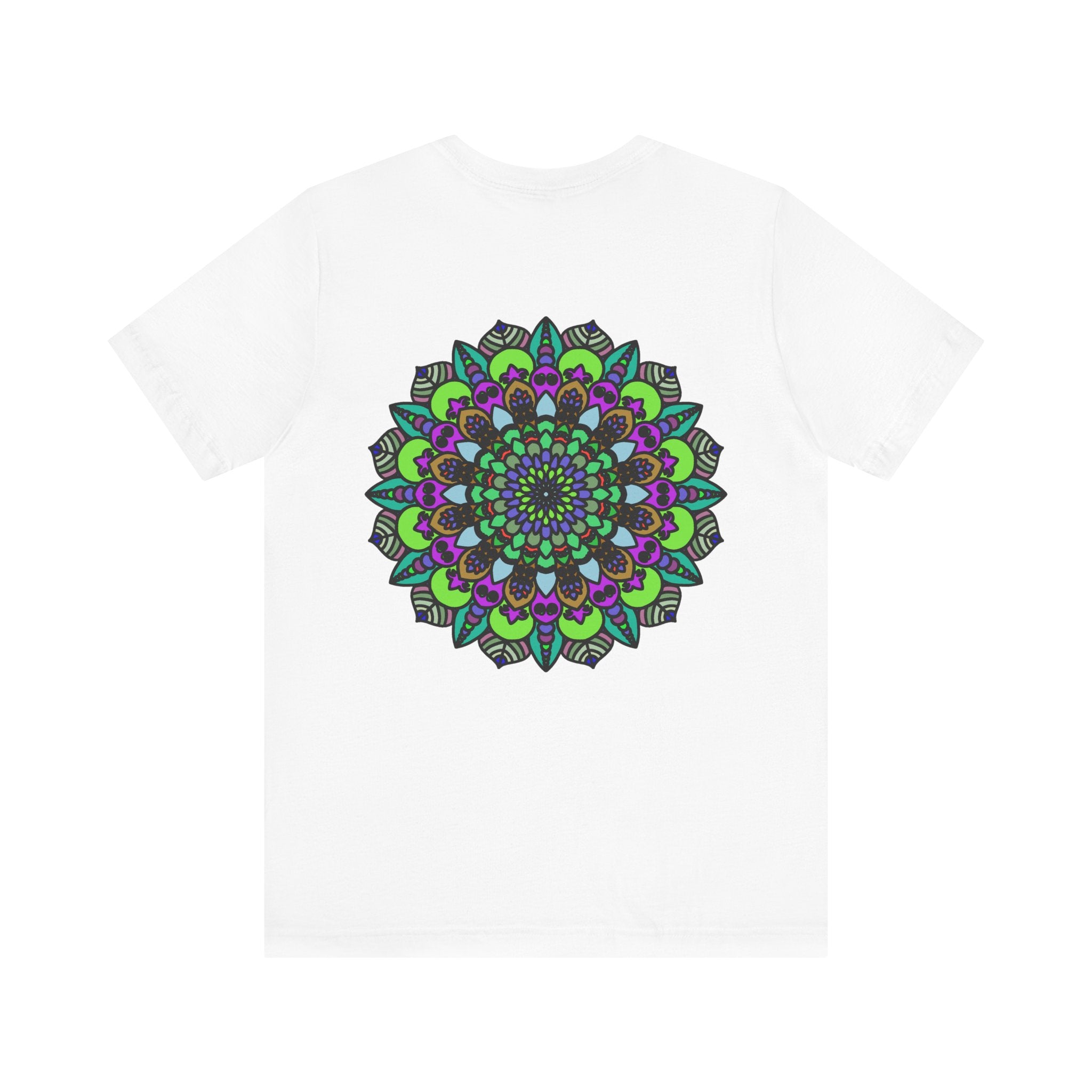 A peaceful, spiritual Mandala Peace Tee with vibrant colors and intricate design representing harmony and balance