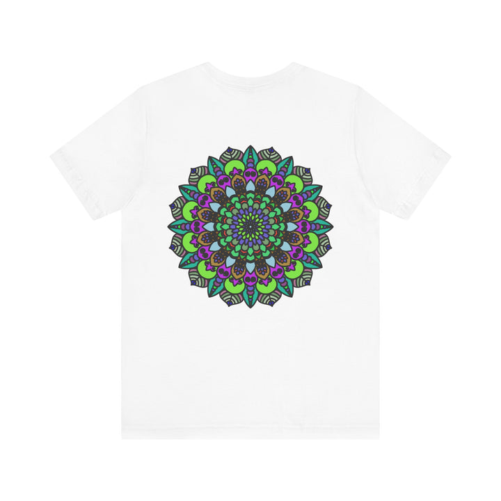 A peaceful, spiritual Mandala Peace Tee with vibrant colors and intricate design representing harmony and balance