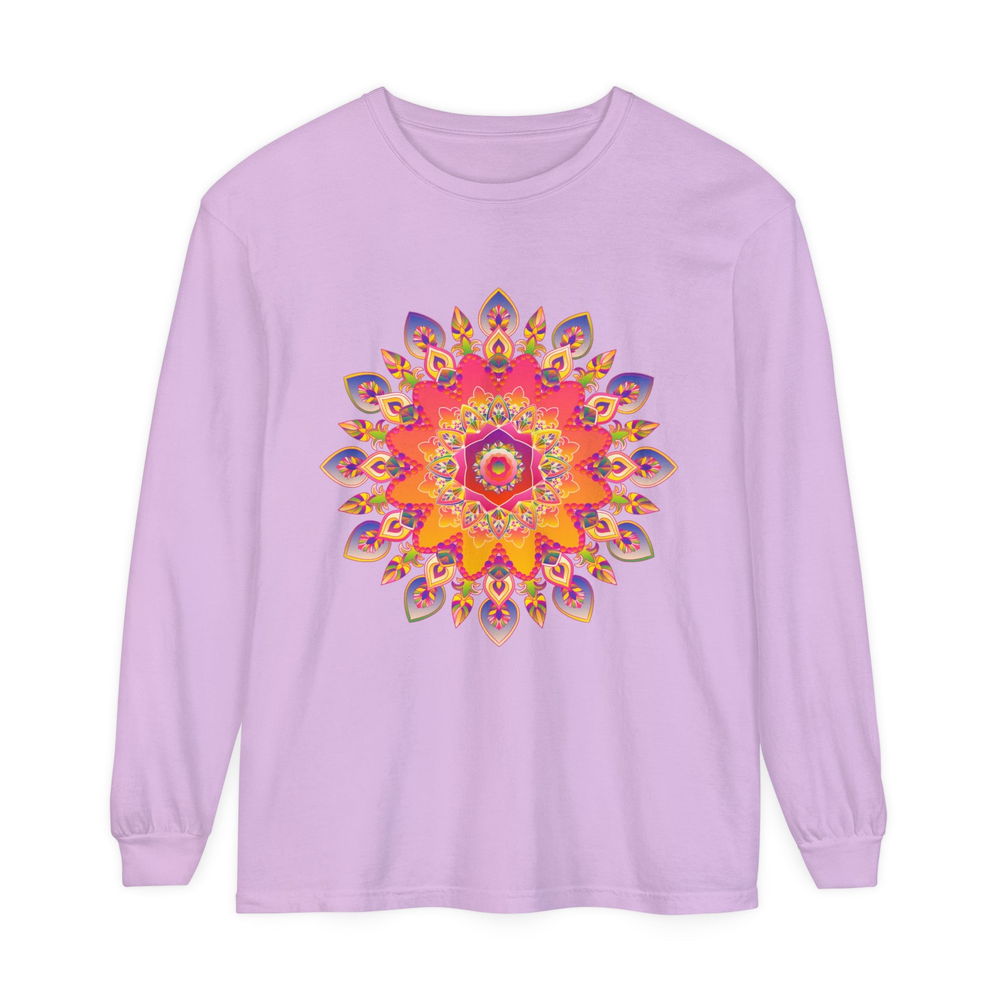 Colorful and intricate mandala design printed on a unisex long sleeve t-shirt