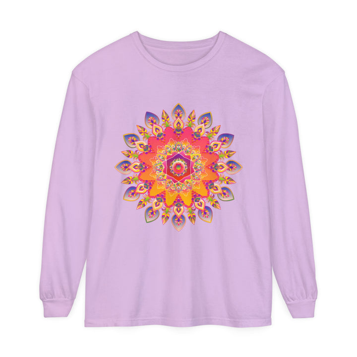 Colorful and intricate mandala design printed on a unisex long sleeve t-shirt