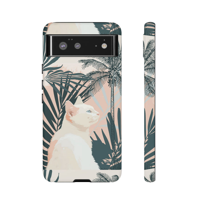 Tropische Katzen-Telefonhülle mit üppigen Palmenmotiven und sanften Pastelltönen