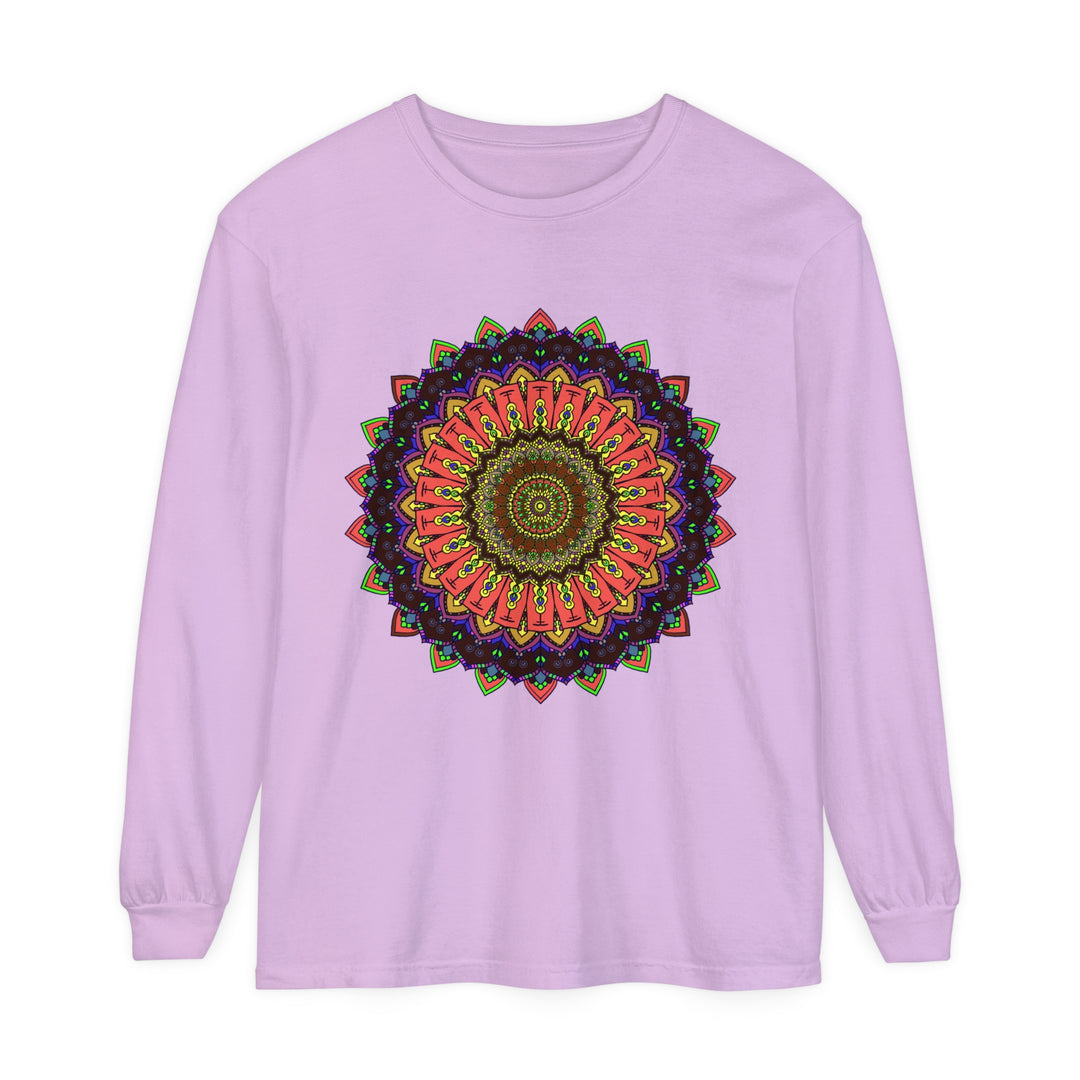 Intricate Mandala Long Sleeve T-Shirt with Colorful Design on Black Background