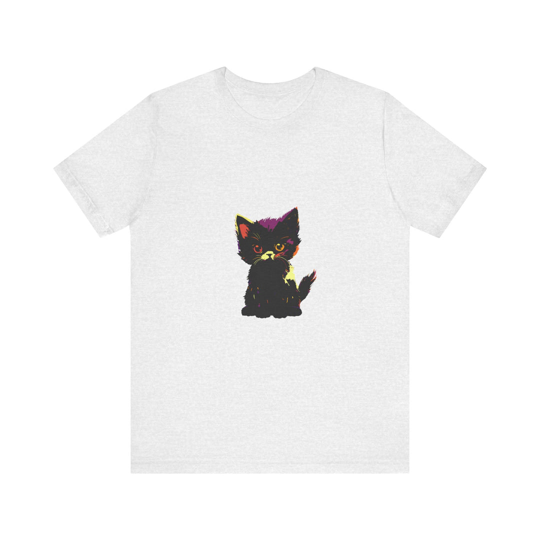 A stylish and mysterious black cat printed on a neon t-shirt