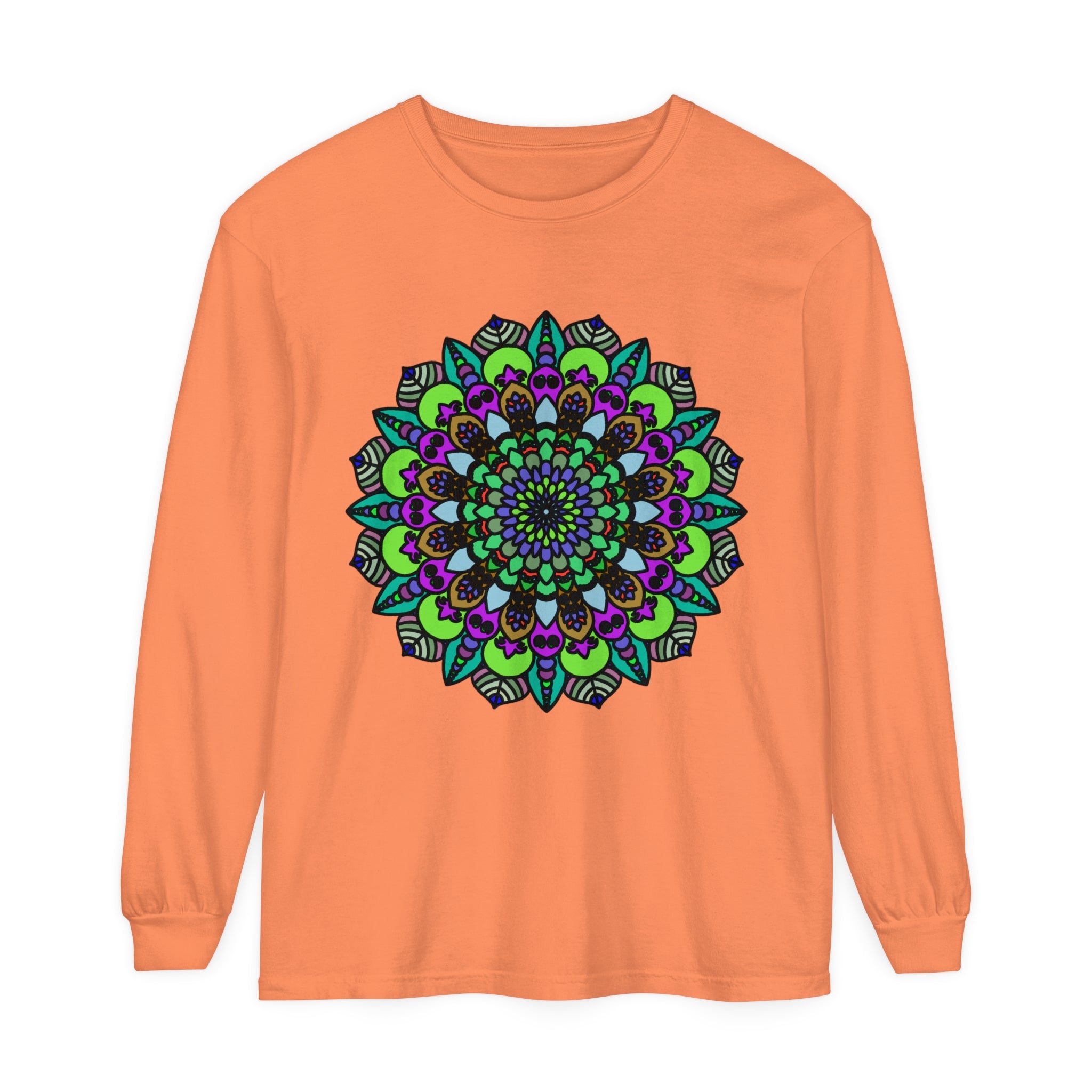 Colorful and intricate mandala design on a unisex long sleeve t-shirt