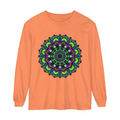 Colorful and intricate mandala design on a unisex long sleeve t-shirt