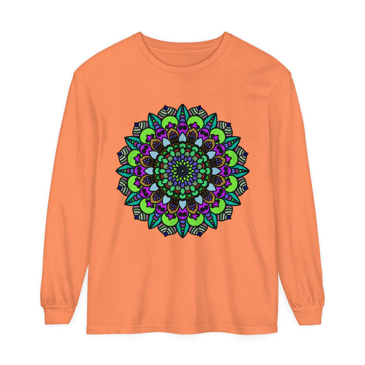 Colorful and intricate mandala design on a unisex long sleeve t-shirt