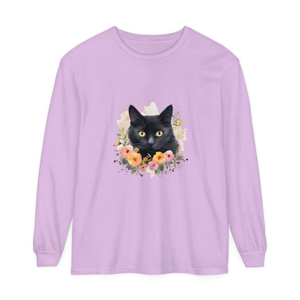 Black Cat Floral Portrait Unisex T-Shirt featuring a stunning black cat surrounded by vibrant floral accents, perfect for animal and nature lovers