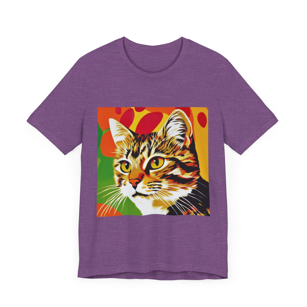 A colorful and vibrant short sleeve tee featuring a pop art style tabby cat design