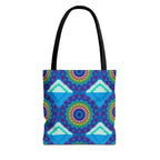 Vibrant and intricate mandala design tote bag in various colors