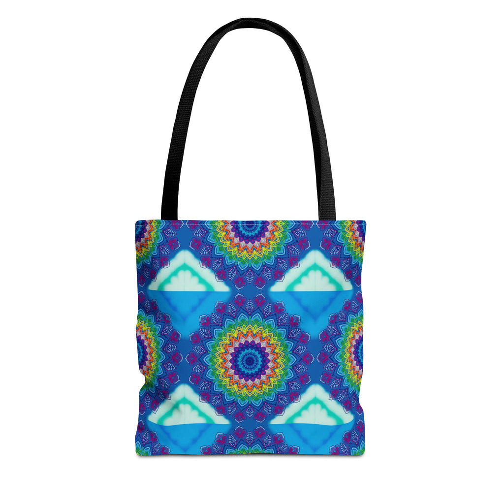 Vibrant and intricate mandala design tote bag in various colors